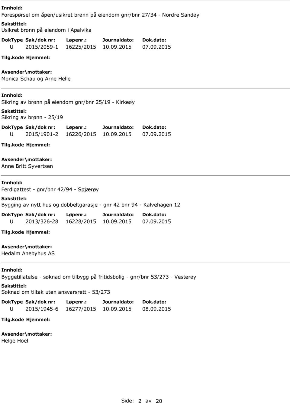 2015 Anne Britt Syvertsen Ferdigattest - gnr/bnr 42/94 - Spjærøy Bygging av nytt hus og dobbeltgarasje - gnr 42 bnr 94 - Kalvehagen 12 2013/326-28 16228/2015 07.