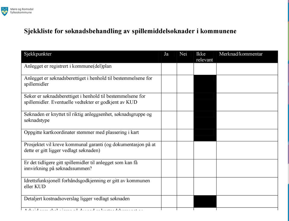 Eventuelle vedtekter er godkjent av KUD Søknaden er knyttet til riktig anleggsenhet, søknadsgruppe og søknadstype Oppgitte kartkoordinater stemmer med plassering i kart Prosjektet vil kreve kommunal