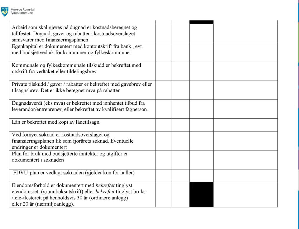 med budsjettvedtak for kommuner og fylkeskommuner Kommunale og fylkeskommunale tilskudd er bekreftet med utskrift fra vedtaket eller tildelingsbrev Private tilskudd / gaver / rabatter er bekreftet