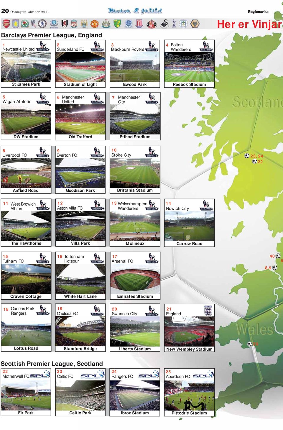 Stadium 5 Wigan Athletic 6 Manchester 7 United Manchester City DW Stadium Old Trafford Etihad Stadium 8 9 Liverpool FC Everton FC 10 Stoke City 23, 24 22 Anfield Road Goodison Park Brittania Stadium