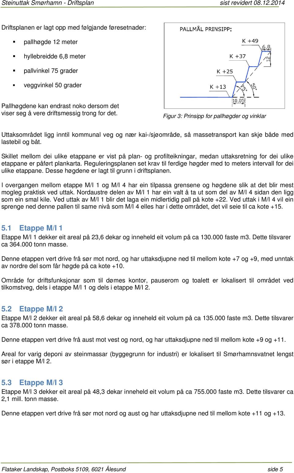 driftsmessig trong for det. Figur 3: Prinsipp for pallhøgder og vinklar Uttaksområdet ligg inntil kommunal veg og nær kai-/sjøområde, så massetransport kan skje både med lastebil og båt.