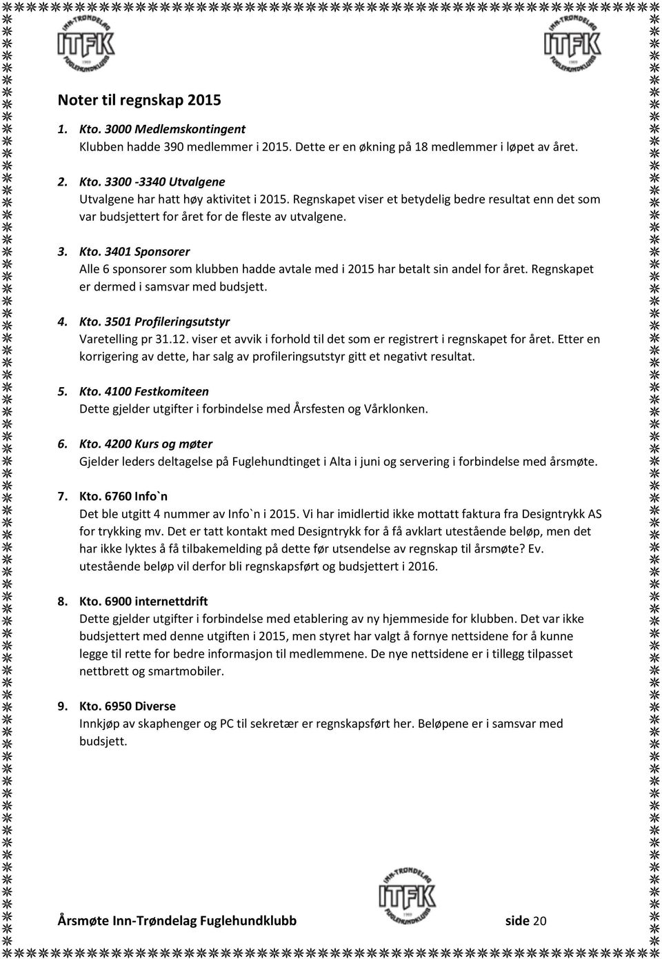 3401 Sponsorer Alle 6 sponsorer som klubben hadde avtale med i 2015 har betalt sin andel for året. Regnskapet er dermed i samsvar med budsjett. 4. Kto. 3501 Profileringsutstyr Varetelling pr 31.12.