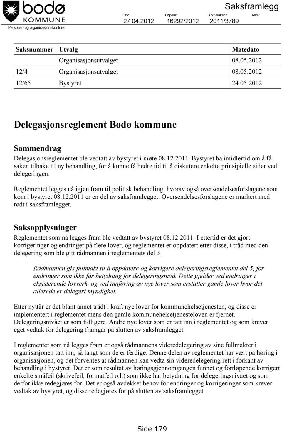 Bystyret ba imidlertid om å få saken tilbake til ny behandling, for å kunne få bedre tid til å diskutere enkelte prinsipielle sider ved delegeringen.