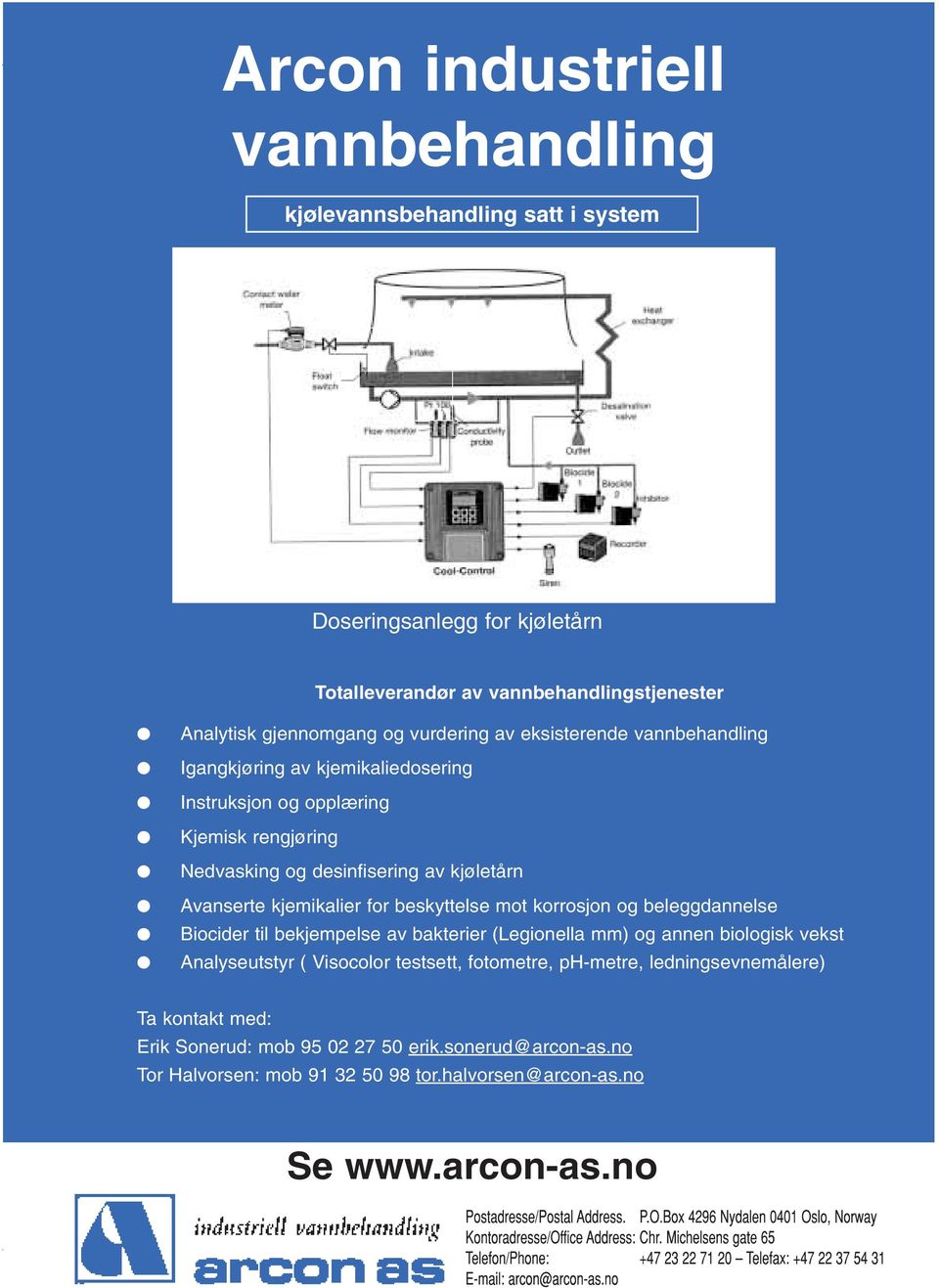 kjemikalier for beskyttelse mot korrosjon og beleggdannelse Biocider til bekjempelse av bakterier (Legionella mm) og annen biologisk vekst Analyseutstyr ( Visocolor testsett,