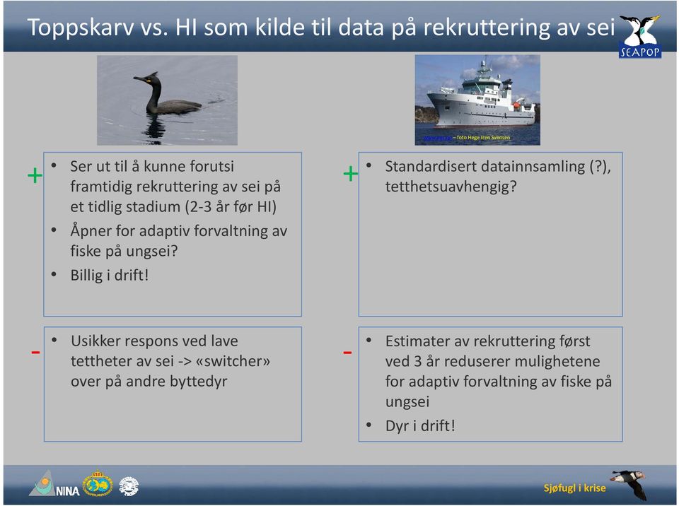 for adaptiv forvaltning av fiske på ungsei? Billig i drift! + + Standardisert datainnsamling (?), tetthetsuavhengig?