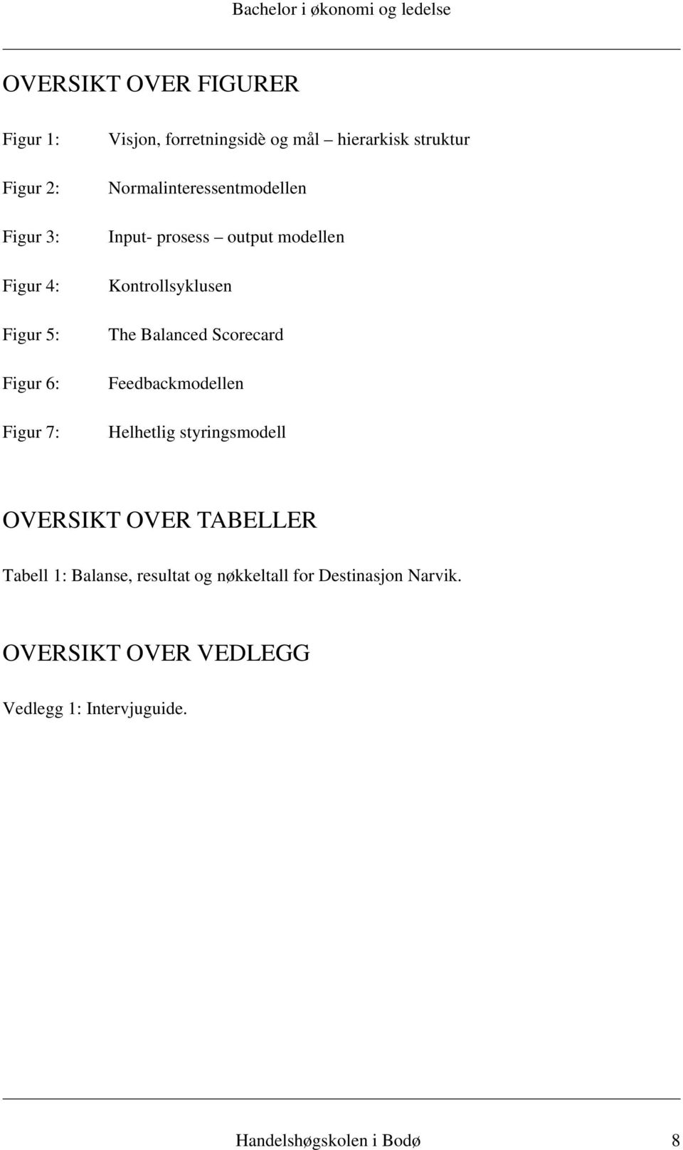 Balanced Scorecard Feedbackmodellen Helhetlig styringsmodell OVERSIKT OVER TABELLER Tabell 1: Balanse,