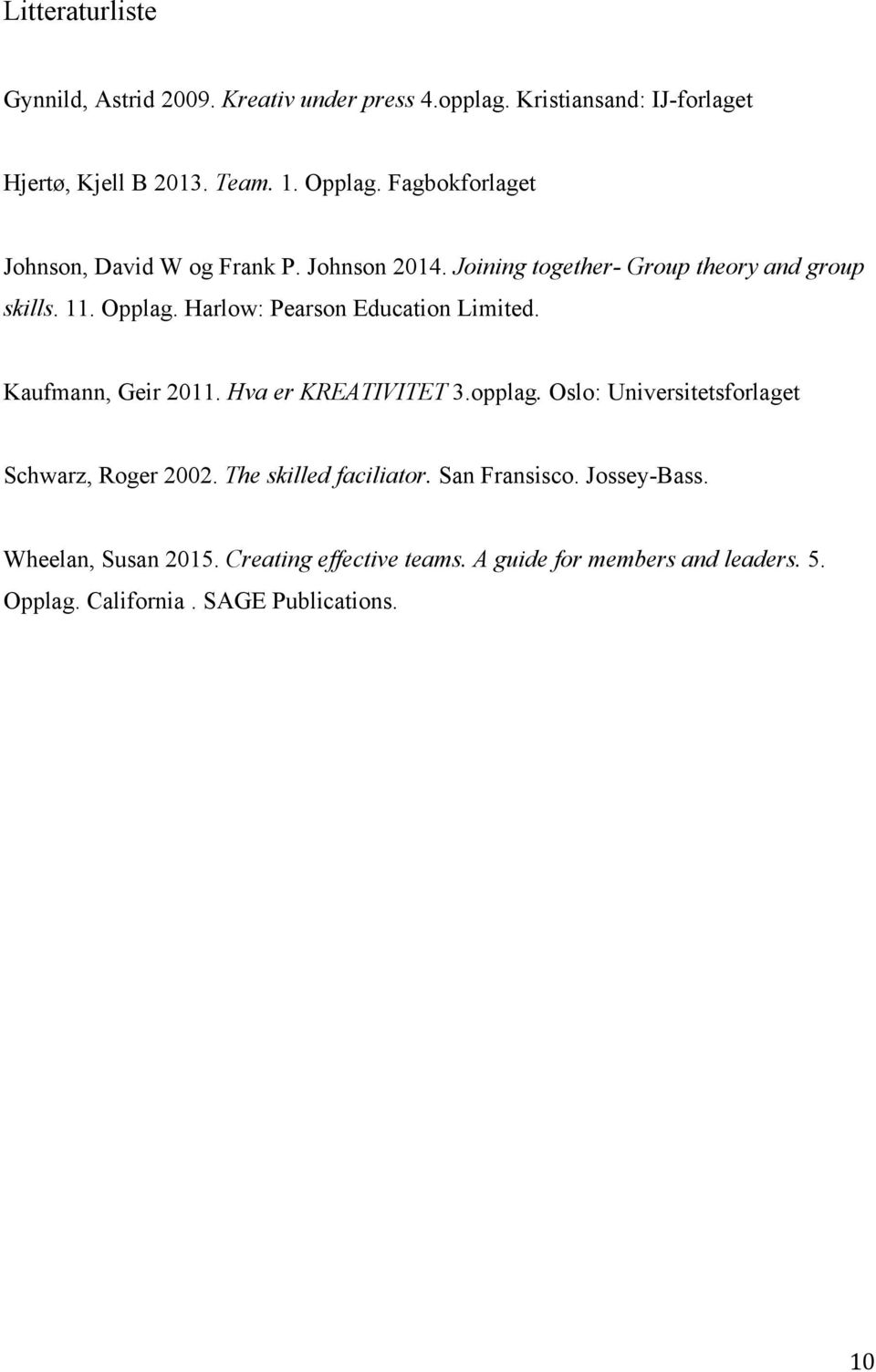 Harlow: Pearson Education Limited. Kaufmann, Geir 2011. Hva er KREATIVITET 3.opplag. Oslo: Universitetsforlaget Schwarz, Roger 2002.