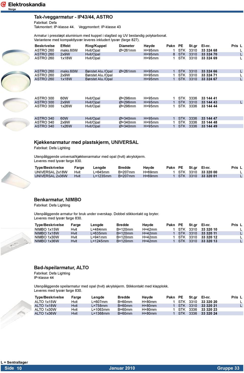 60w Hvit/Opal Ø=261mm H=95mm 1 STK 3310 33 324 68 L ASTRO 260 2x9W Hvit/Opal H=95mm 8 STK 3310 33 324 70 L ASTRO 260 1x18W Hvit/Opal H=95mm 1 STK 3310 33 324 69 L ASTRO 260 maks.60w Børstet Alu.