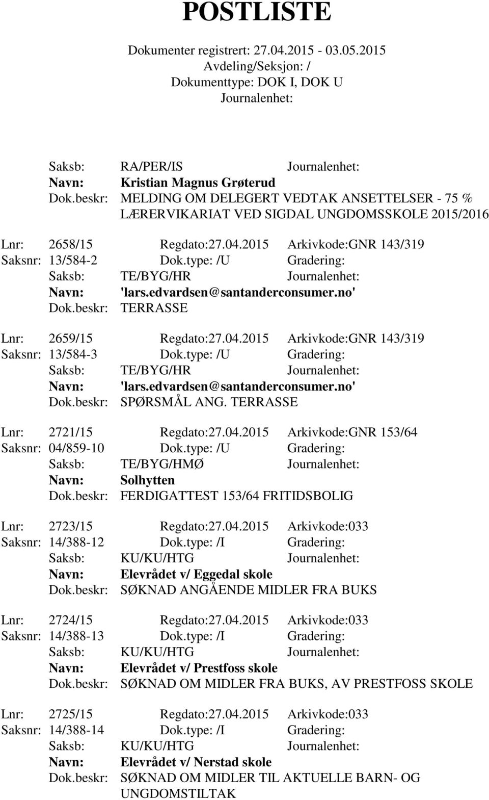 2015 Arkivkode:GNR 143/319 Saksnr: 13/584-3 Dok.type: /U Gradering: Saksb: TE/BYG/HR Navn: 'lars.edvardsen@santanderconsumer.no' Dok.beskr: SPØRSMÅL ANG. TERRASSE Lnr: 2721/15 Regdato:27.04.