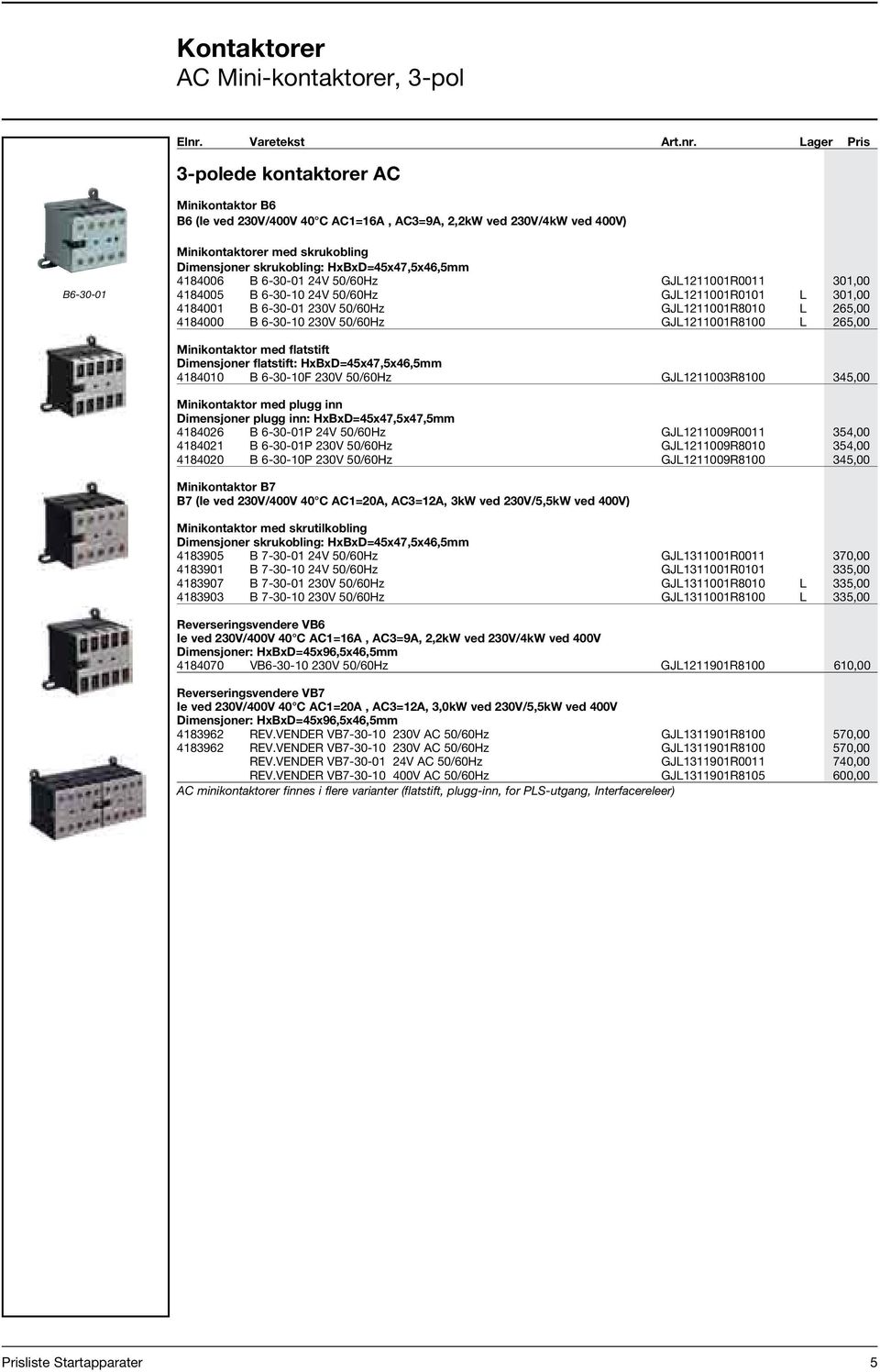 Lager Pris 3-polede kontaktorer AC Minikontaktor B6 B6 (Ie ved 230V/400V 40 C AC1=16A, AC3=9A, 2,2kW ved 230V/4kW ved 400V) B6-30-01 Minikontaktorer med skrukobling Dimensjoner skrukobling: