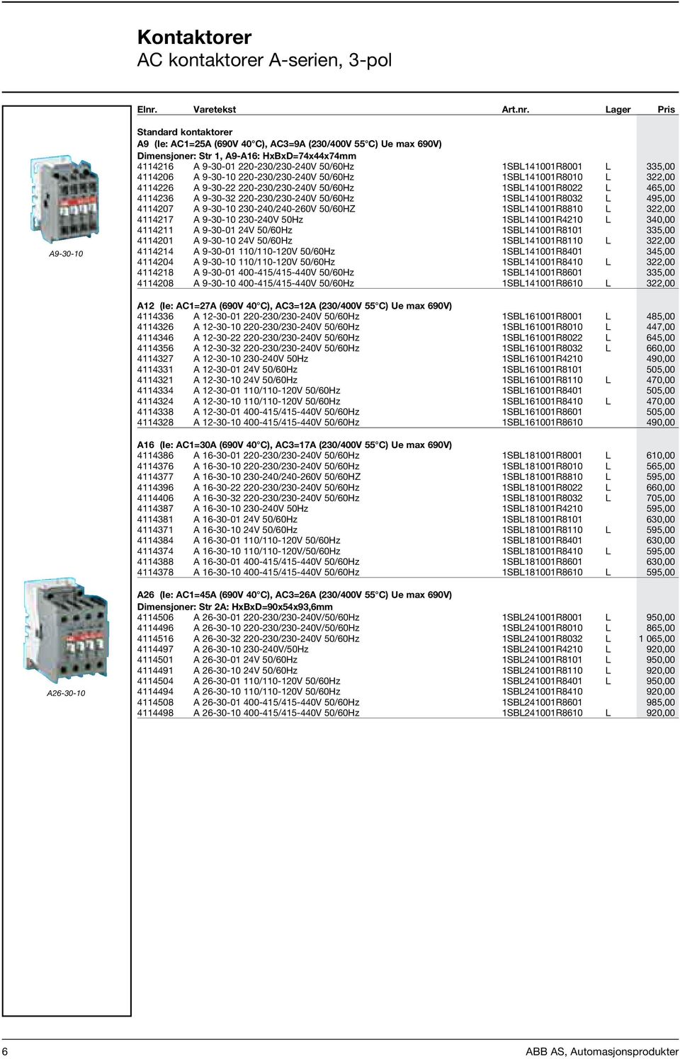 Lager Pris A9-30-10 Standard kontaktorer A9 (Ie: AC1=25A (690V 40 C), AC3=9A (230/400V 55 C) Ue max 690V) Dimensjoner: Str 1, A9-A16: HxBxD=74x44x74mm 4114216 A 9-30-01 220-230/230-240V 50/60Hz