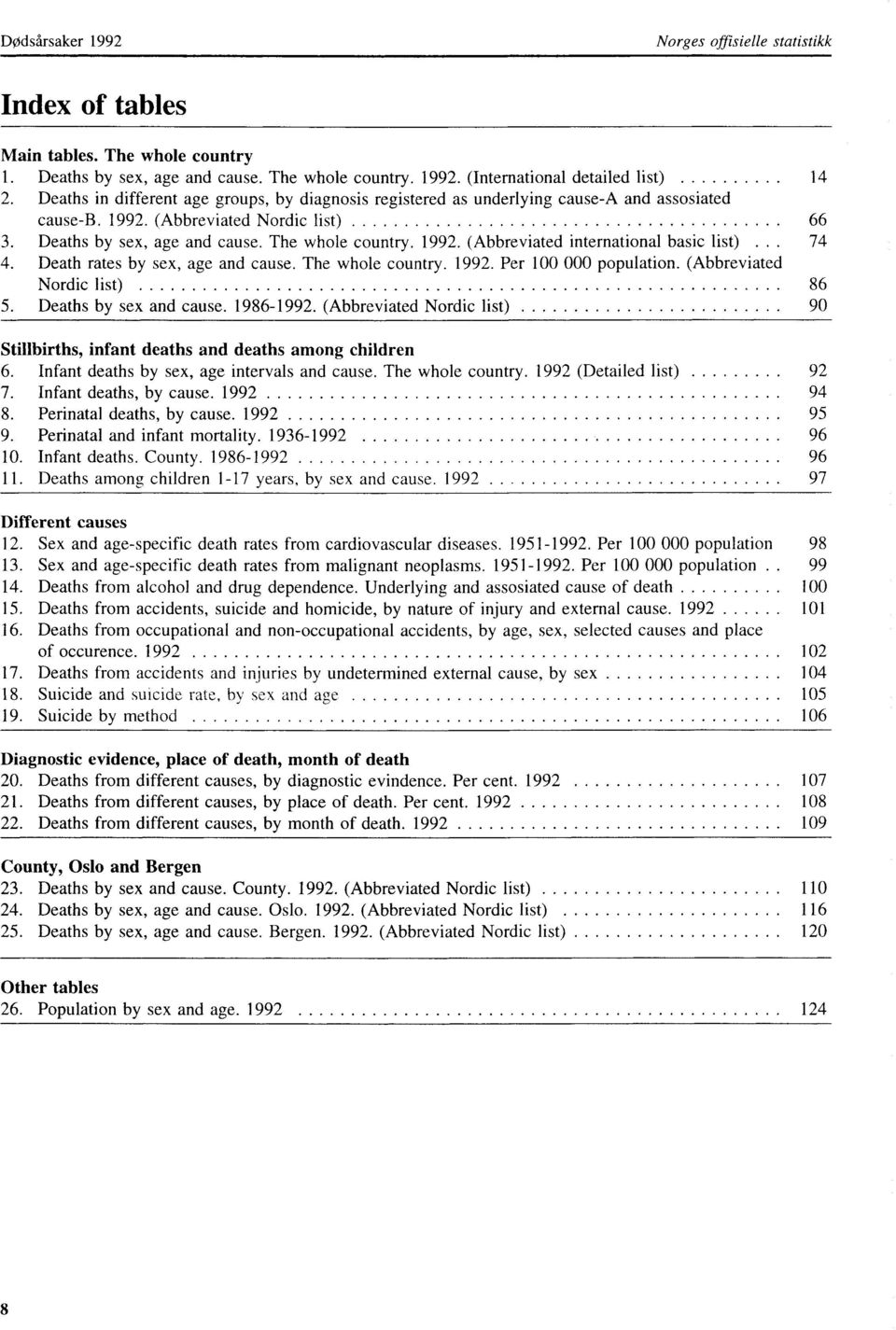 . 74 4. Death rates by sex, age and cause. The whole country. 992. Per 00 000 population. (Abbreviated Nordic list) 86 5. Deaths by sex and cause. 986992.