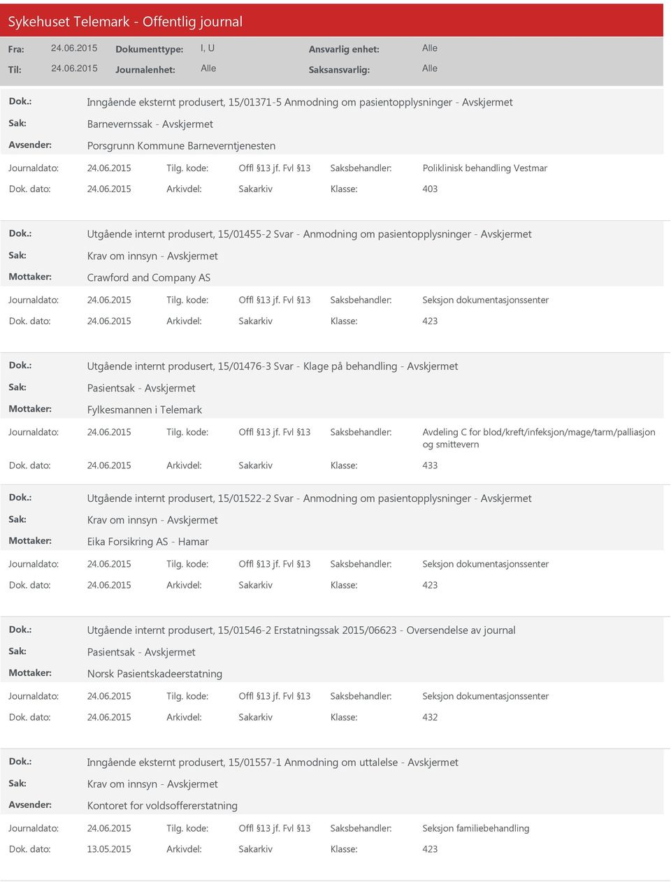 Avdeling C for blod/kreft/infeksjon/mage/tarm/palliasjon og smittevern Utgående internt produsert, 15/01522-2 Svar - Anmodning om pasientopplysninger - Krav om innsyn - Eika Forsikring AS - Hamar