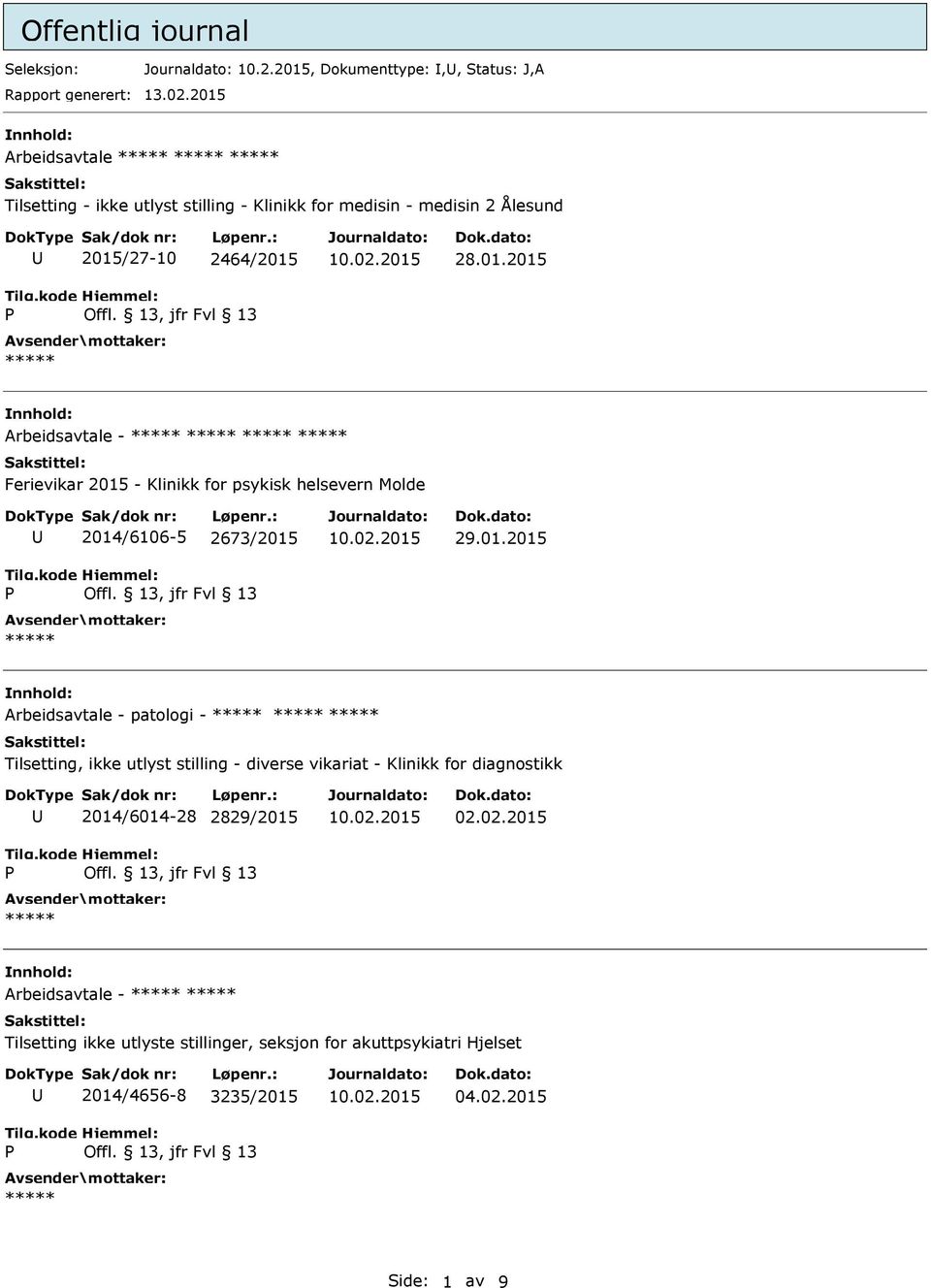 01.2015 Arbeidsavtale - patologi - Tilsetting, ikke utlyst stilling - diverse vikariat - Klinikk for diagnostikk 2014/6014-28 2829/2015 02.