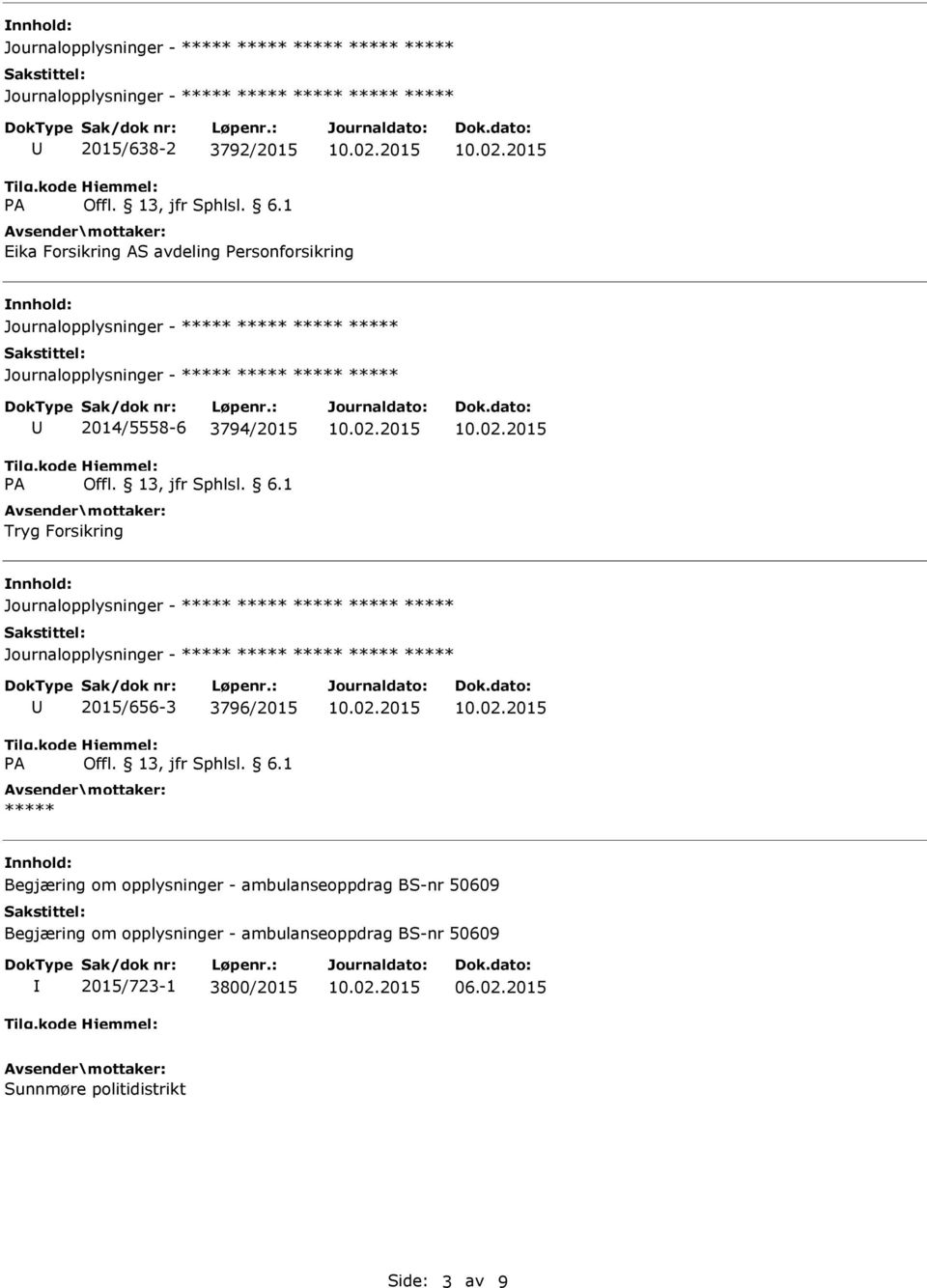 Journalopplysninger - Journalopplysninger - 2015/656-3 3796/2015 Begjæring om opplysninger -