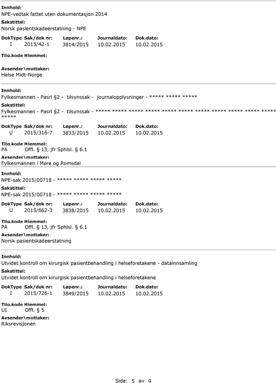 2015/00718 - NE-sak 2015/00718-2015/662-3 3838/2015 Norsk pasientskadeerstatning tvidet kontroll om kirurgisk pasientbehandling i