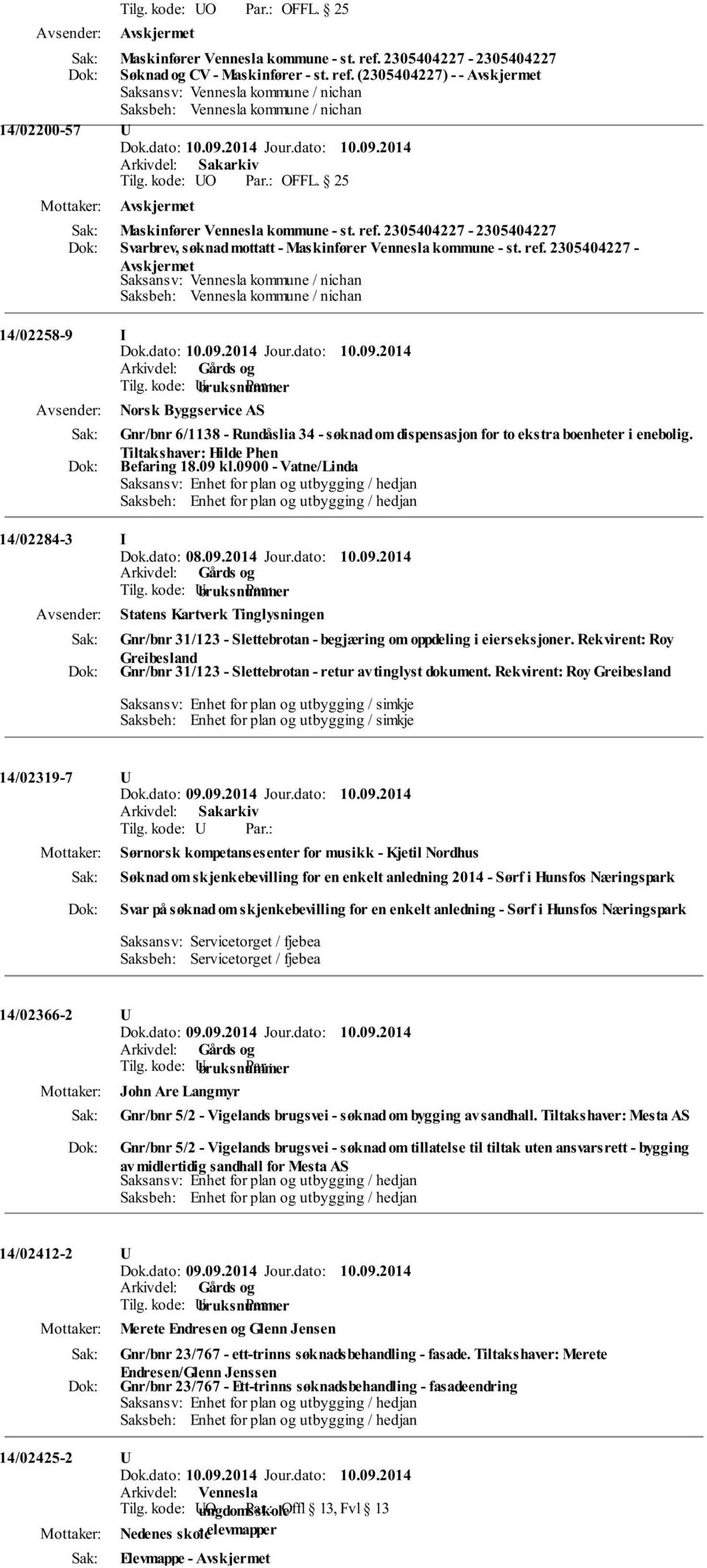 0900 - Vatne/Linda 14/02284-3 I Statens Kartverk Tinglysningen Gnr/bnr 31/123 - Slettebrotan - begjæring om oppdeling i eierseksjoner.