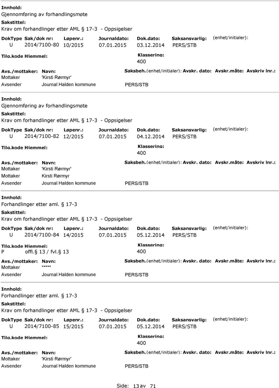 dato: Avskr.måte: Avskriv lnr.: 'Kirsti Rørmyr' Kirsti Rørmyr PRS/STB Forhandlinger etter aml. 17-3 Krav om forhandlinger etter AML 17-3 - Oppsigelser 2014/7100-84 14/2015 05.12.