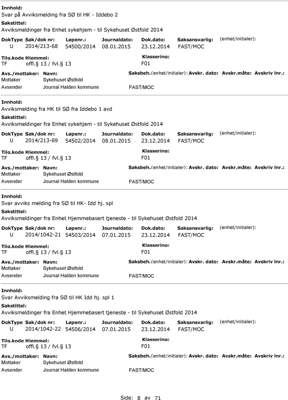 2014 FAST/MOC TF F01 Avs./mottaker: Navn: Saksbeh. Avskr. dato: Avskr.måte: Avskriv lnr.: Sykehuset Østfold FAST/MOC Svar avviks melding fra SØ til HK- Idd hj.