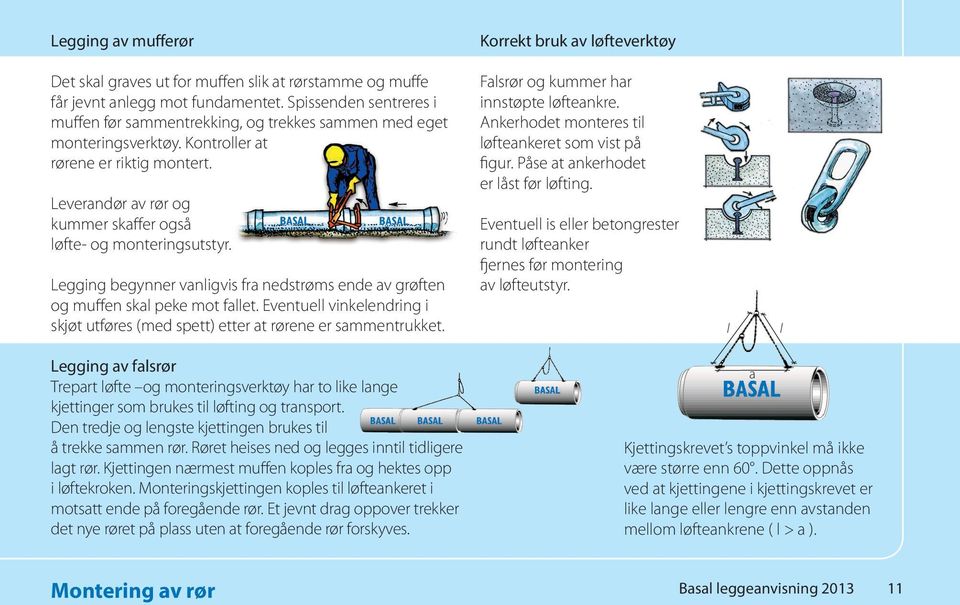 Leverandør av rør og kummer skaffer også løfte- og monteringsutstyr. Legging begynner vanligvis fra nedstrøms ende av grøften og muffen skal peke mot fallet.