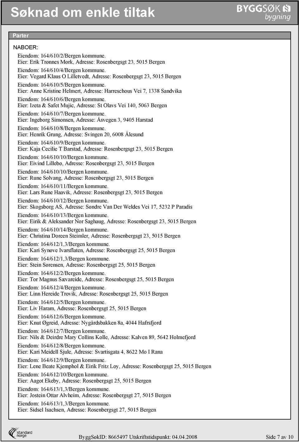 Eier: Anne Kristine Helmert, Adresse: Harreschous Vei 7, 1338 Sandvika Eiendom: 164/610/6/Bergen kommune.