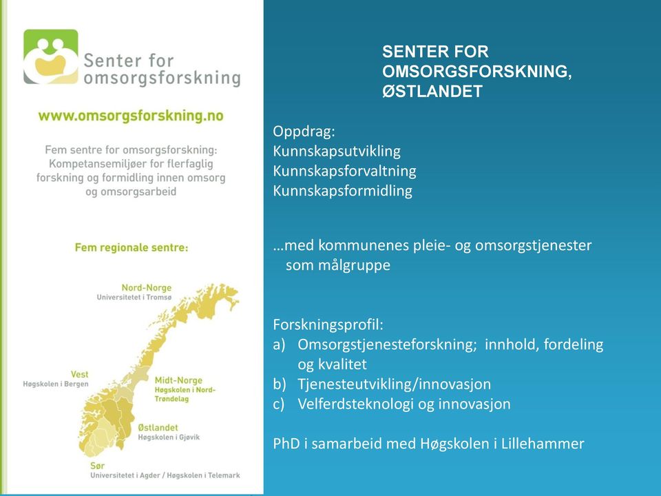 Forskningsprofil: a) Omsorgstjenesteforskning; innhold, fordeling og kvalitet b)