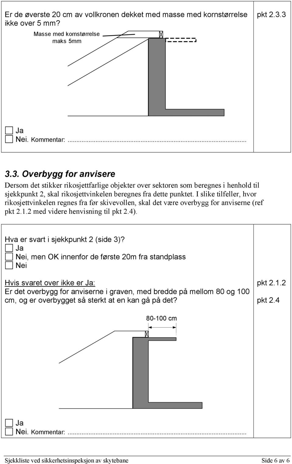 I slike tilfeller, hvor rikosjettvinkelen regnes fra før skivevollen, skal det være overbygg for anviserne (ref pkt 2.1.2 med videre henvisning til pkt 2.4). Hva er svart i sjekkpunkt 2 (side 3)?