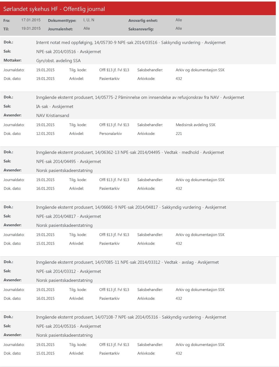 2015 Personalarkiv 221 Inngående eksternt produsert, 14/06362-13 NPE-sak 2014/04495 - Vedtak - medhold - NPE-sak 2014/04495 - Norsk pasientskadeerstatning 16.01.2015 Pasientarkiv 432 Inngående eksternt produsert, 14/06661-9 NPE-sak 2014/04817 - Sakkyndig vurdering - NPE-sak 2014/04817 - Norsk pasientskadeerstatning 15.