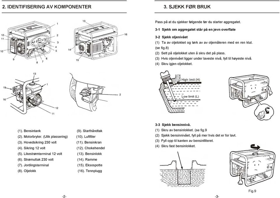 () Hvis oljenivået ligger under laveste nivå, fyll til høyeste nivå. (4) Skru igjen oljelokket. (1). Bensintank (9). Starthåndtak (). Motorbryter. (Ulik plassering) (10). Luftfiler ().