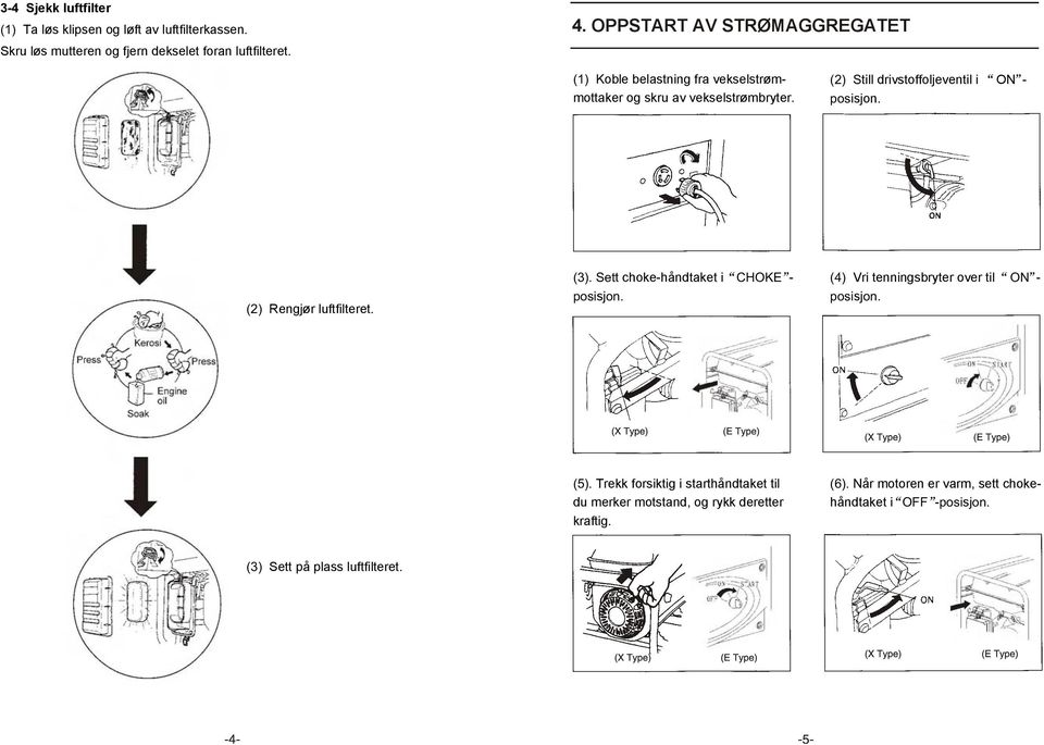 () Still drivstoffoljeventil i ON - posisjon. () Rengjør luftfilteret. (). Sett choke-håndtaket i CHOKE - posisjon.