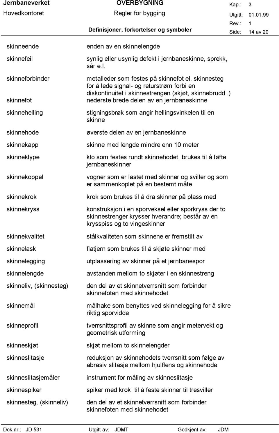 skinnelengde synlig eller usynlig defekt i jernbaneskinne, sprekk, sår e.l. metalleder som festes på skinnefot el.