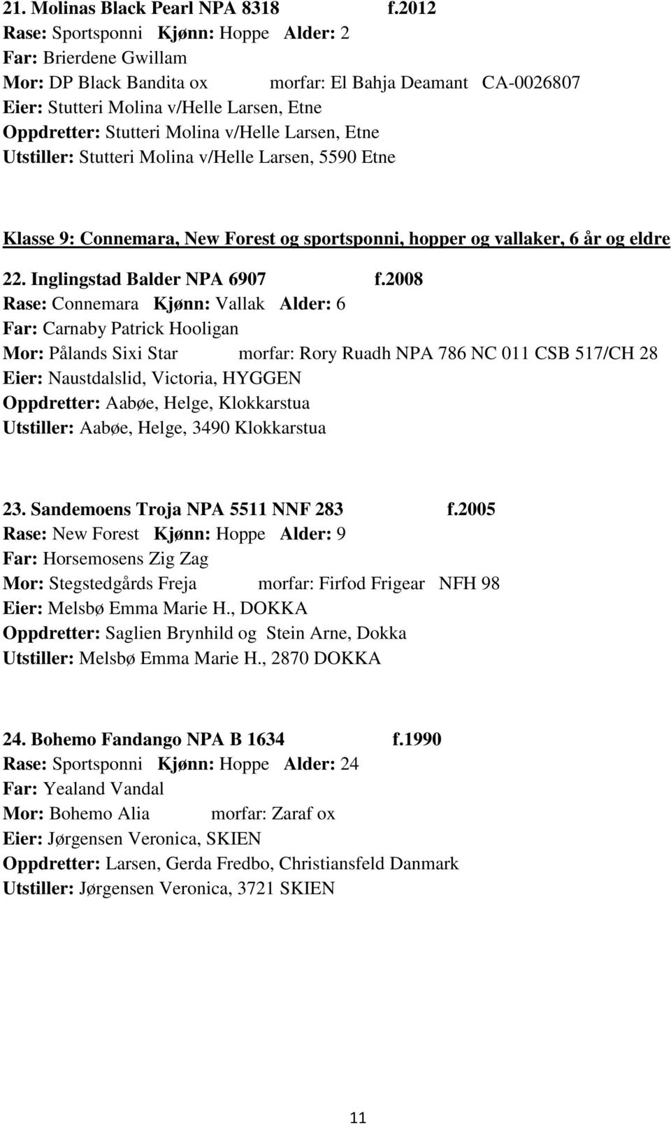 v/helle Larsen, Etne Utstiller: Stutteri Molina v/helle Larsen, 5590 Etne Klasse 9: Connemara, New Forest og sportsponni, hopper og vallaker, 6 år og eldre 22. Inglingstad Balder NPA 6907 f.