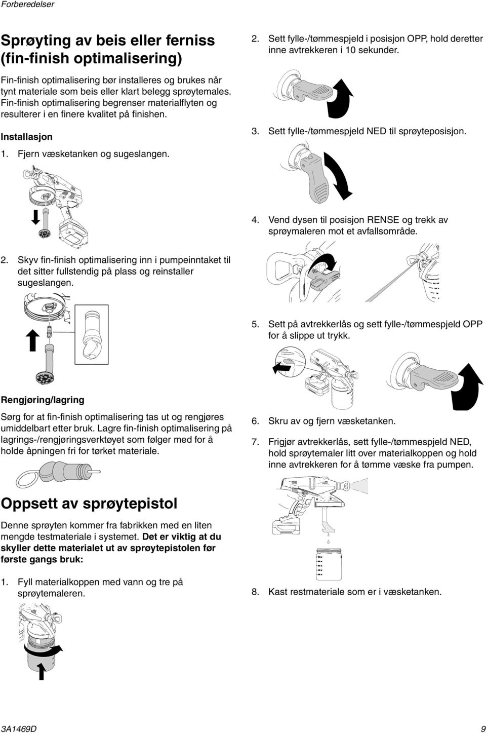 Sett fylle-/tømmespjeld i posisjon OPP, hold deretter inne avtrekkeren i 10 sekunder. ti14999a 3. Sett fylle-/tømmespjeld NED til sprøyteposisjon. ti15425a ti15440a 4.