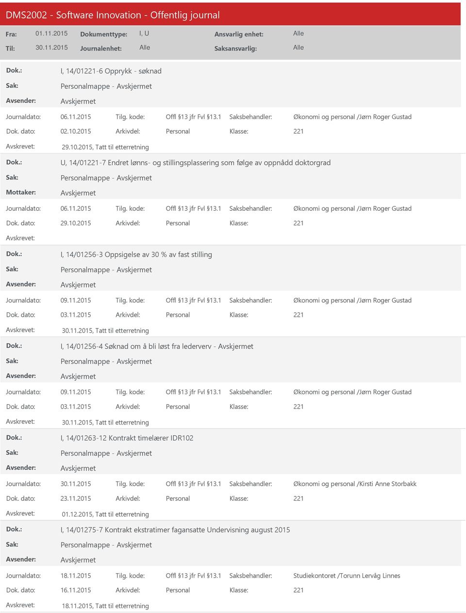 dato: 29.10.2015 Arkivdel: Personal I, 14/01256-3 Oppsigelse av 30 % av fast stilling Personalmappe - Dok. dato: 03.11.