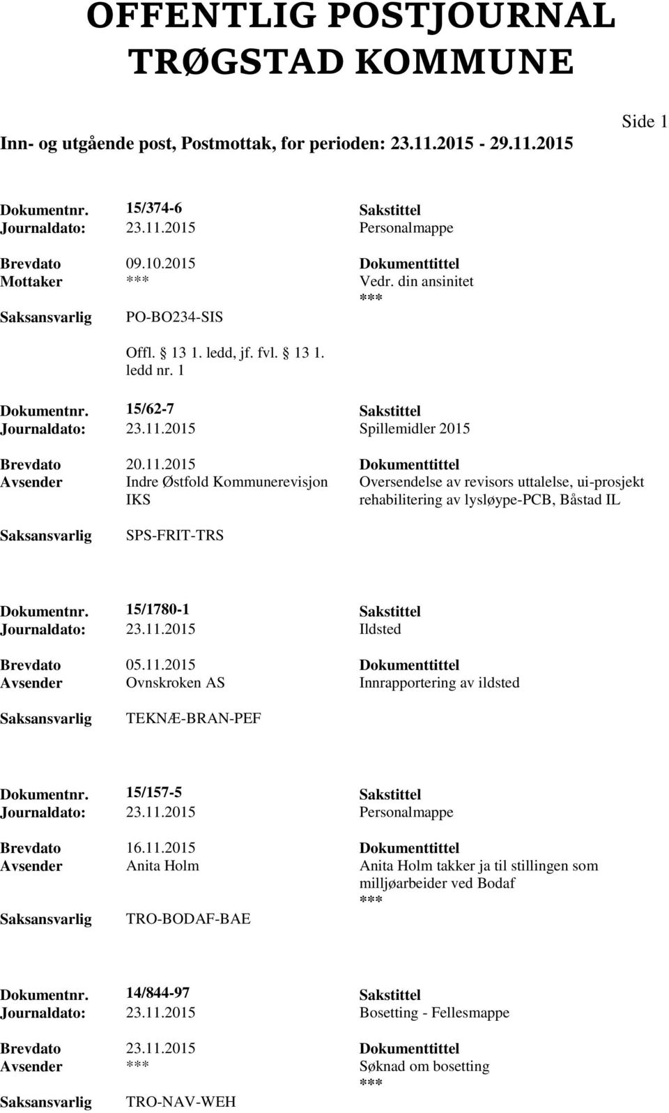 2015 Spillemidler 2015 Avsender Indre Østfold Kommunerevisjon Oversendelse av revisors uttalelse, ui-prosjekt IKS rehabilitering av lysløype-pcb, Båstad IL SPS-FRIT-TRS Dokumentnr.