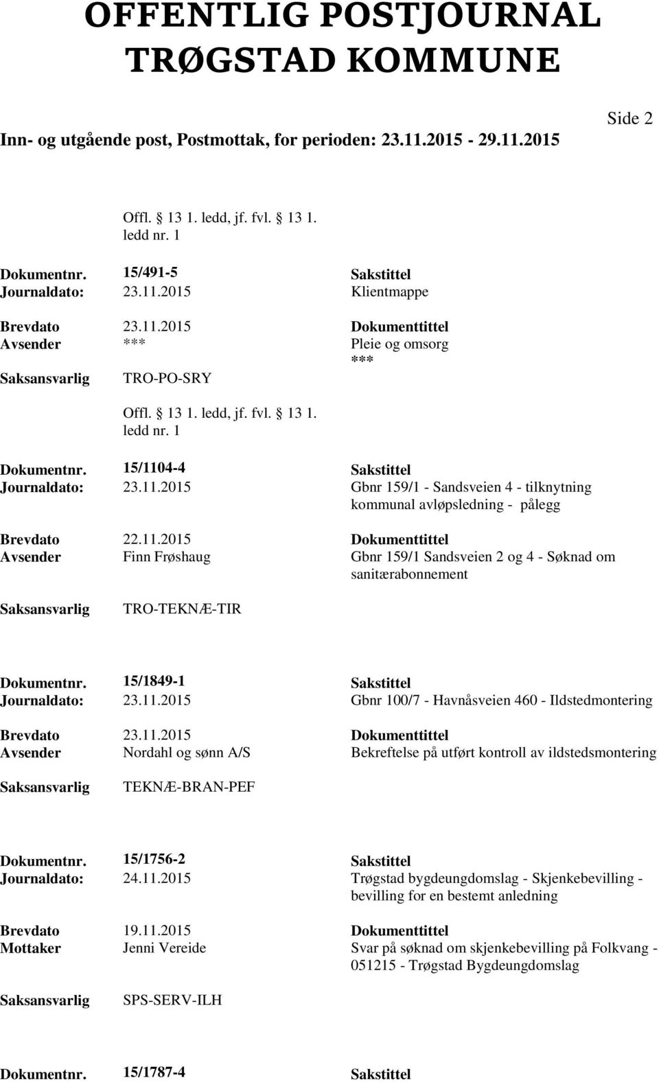 15/1756-2 Sakstittel Journaldato: 24.11.2015 Trøgstad bygdeungdomslag - Skjenkebevilling - bevilling for en bestemt anledning Brevdato 19.11.2015 Dokumenttittel Mottaker Jenni Vereide Svar på søknad om skjenkebevilling på Folkvang - 051215 - Trøgstad Bygdeungdomslag SPS-SERV-ILH Dokumentnr.