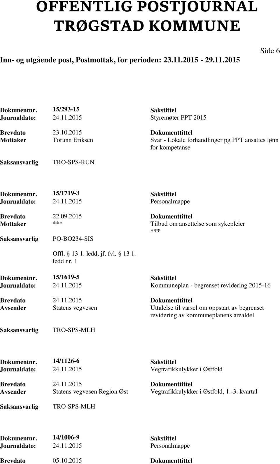 2015 Personalmappe Brevdato 22.09.2015 Dokumenttittel Mottaker Tilbud om ansettelse som sykepleier PO-BO234-SIS Dokumentnr. 15/1619-5 Sakstittel Journaldato: 24.11.