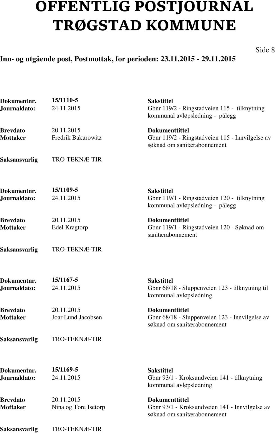 2015 Gbnr 119/2 - Ringstadveien 115 - tilknytning kommunal avløpsledning - pålegg Mottaker Fredrik Bakurowitz Gbnr 119/2 - Ringstadveien 115 - Innvilgelse av søknad om sanitærabonnement Dokumentnr.