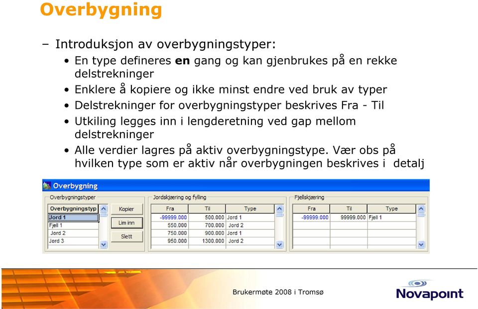 overbygningstyper beskrives Fra - Til Utkiling legges inn i lengderetning ved gap mellom delstrekninger