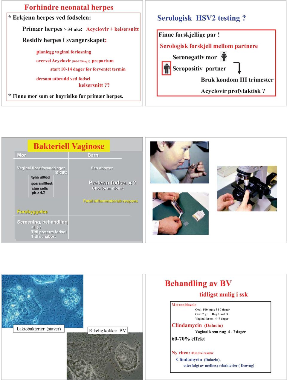 Serologisk forskjell mellom partnere Seronegativ mor Seropositiv partner Bruk kondom III trimester Acyclovir profylaktisk?