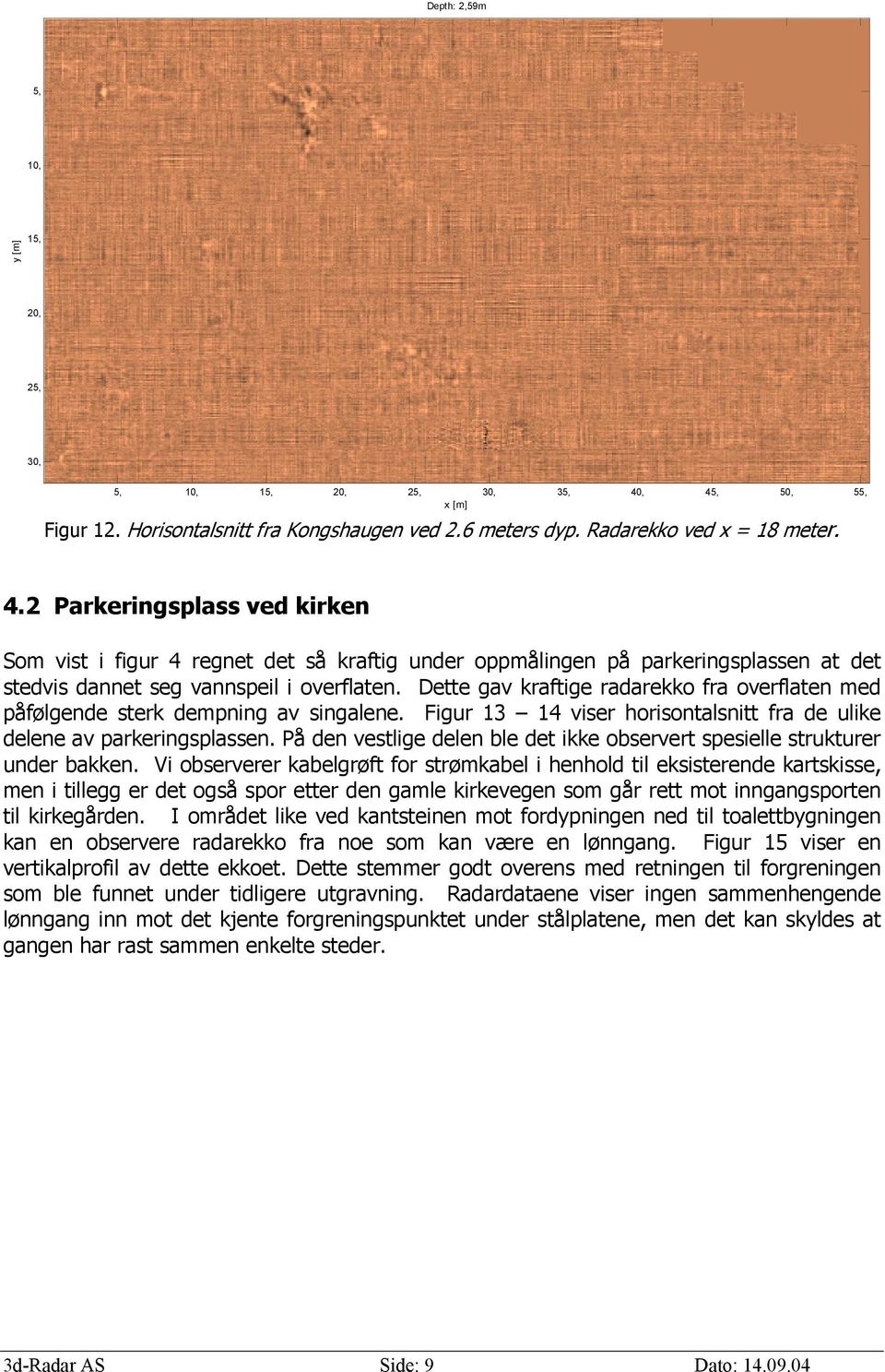 Dette gav kraftige radarekko fra overflaten med påfølgende sterk dempning av singalene. Figur 3 4 viser horisontalsnitt fra de ulike delene av parkeringsplassen.