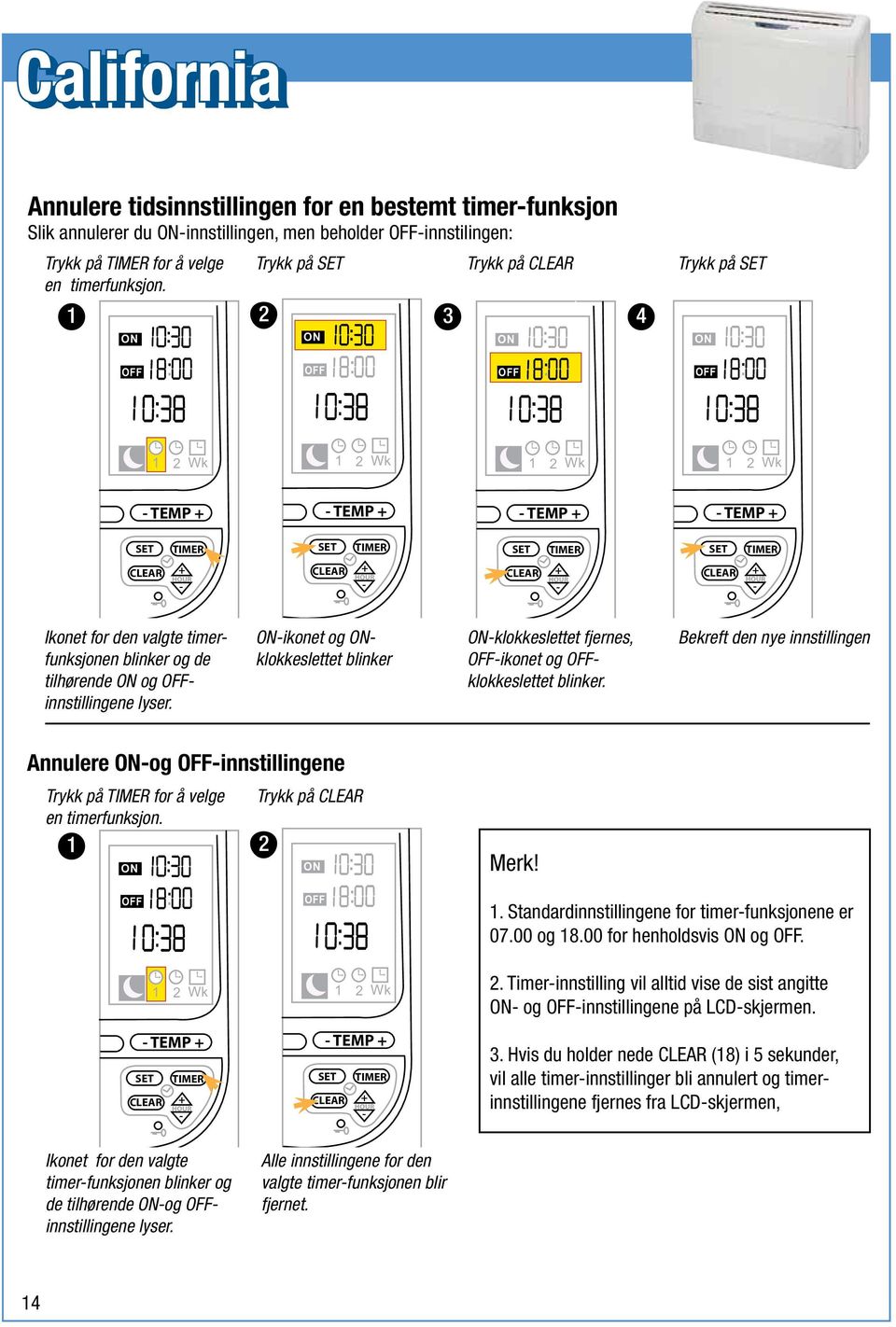 ikonet og klokkeslettet blinker klokkeslettet fjernes, ikonet og klokkeslettet Bekreft den nye innstillingen Annulere og innstillingene Trykk på for å velge en timerfunksjon. 1 