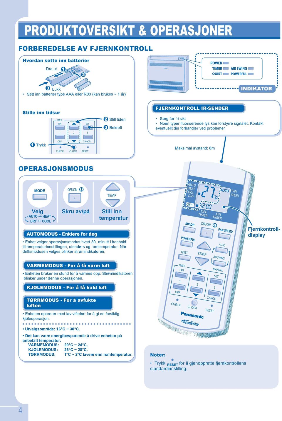 Kontakt eventuellt din forhandler ved problemer Trykk CHECK CLOCK CANCEL RESET Maksimal avstand: 8m OPERASJSMODUS / TEMP HEAT COOL DRY FAN SPEED Velg Skru av/på Still inn HEAT temperatur DRY COOL