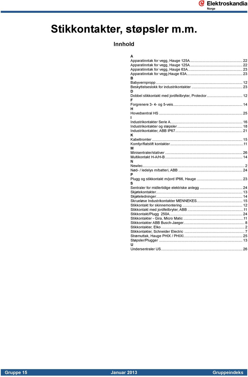 .. 25 I Industrikontakter Serie A... 16 Industrikontakter og støpsler... 18 Industrikontakter, ABB IP67... 21 K Kabeltromler... 15 Komfyr/flatstift kontakter...11 M Minisentraler/stativer.