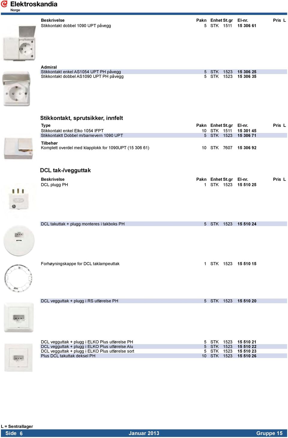 Pris L Stikkontakt enkel Elko 1054 IFPT 10 STK 1511 15 301 45 Stikkontaktt Dobbel m/barnevern 1090 UPT 5 STK 1523 15 306 71 Tilbehør Komplett overdel med klapplokk for 1090UPT (15 306 61) 10 STK 7607