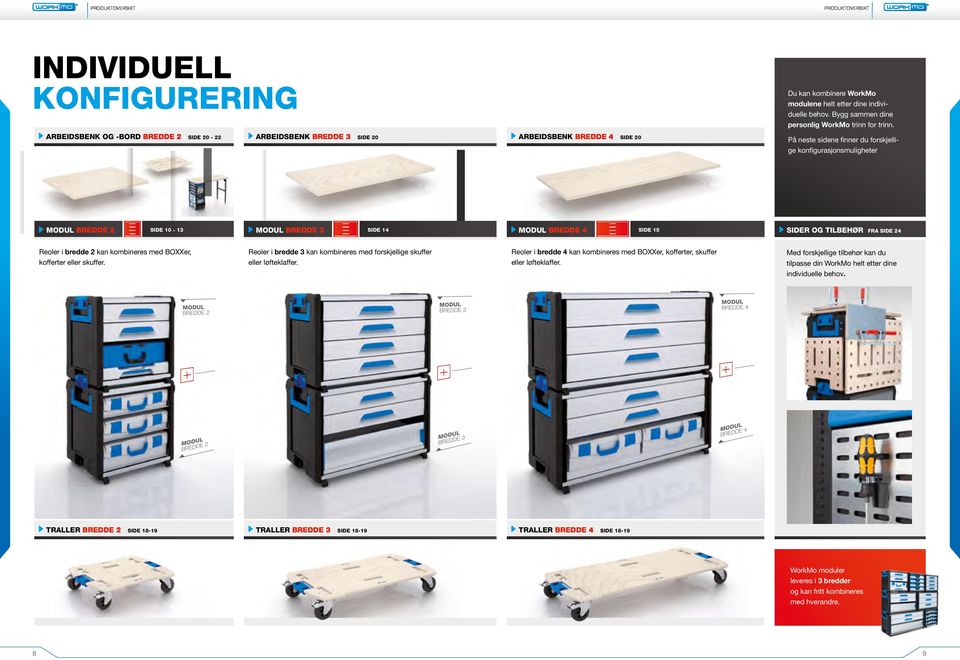 10-13 SIDE 14 SIDE 15 SIDER OG TILBEHØR FRA SIDE 24 Reoler i bredde 2 kan kombineres med BOXXer, kofferter eller skuffer. Reoler i bredde 3 kan kombineres med forskjellige skuffer eller løfteklaffer.