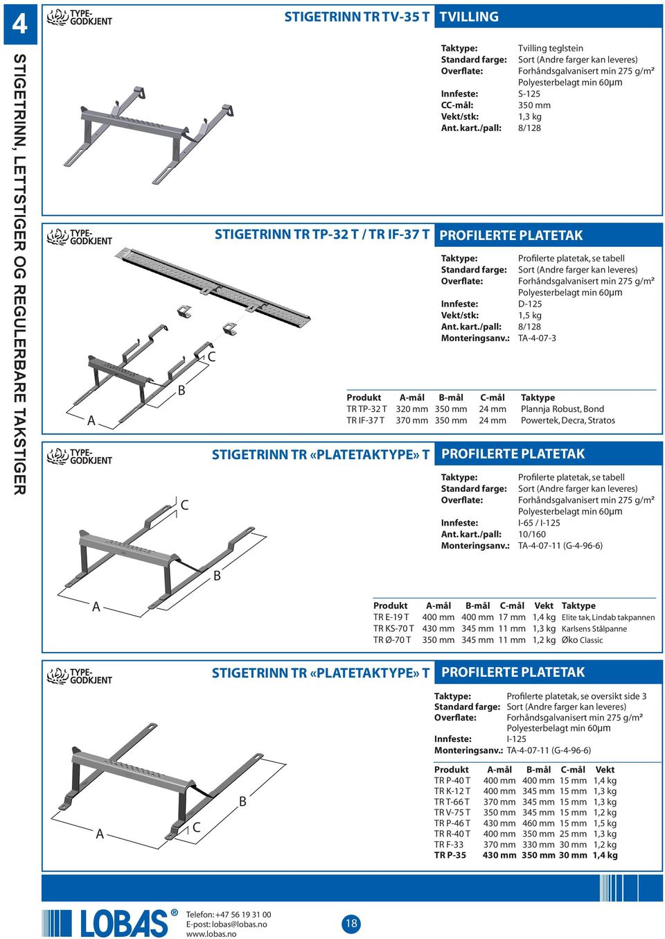 : TA-4-07-3 Produkt A-mål B-mål C-mål Taktype TR TP-32 T 320 mm 350 mm 24 mm Plannja Robust, Bond TR IF-37 T 370 mm 350 mm 24 mm Powertek, Decra, Stratos PROFILERTE PLATETAK Standard farge: