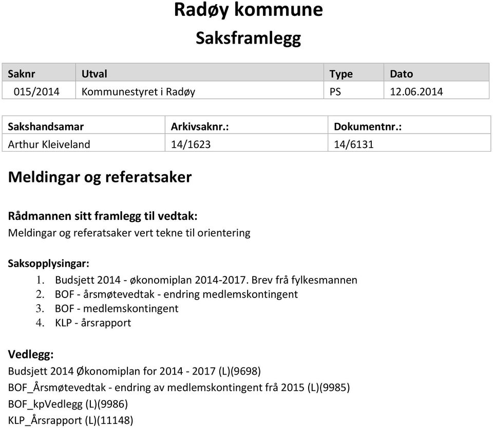 Saksopplysingar: 1. Budsjett 2014 - økonomiplan 2014-2017. Brev frå fylkesmannen 2. BOF - årsmøtevedtak - endring medlemskontingent 3.