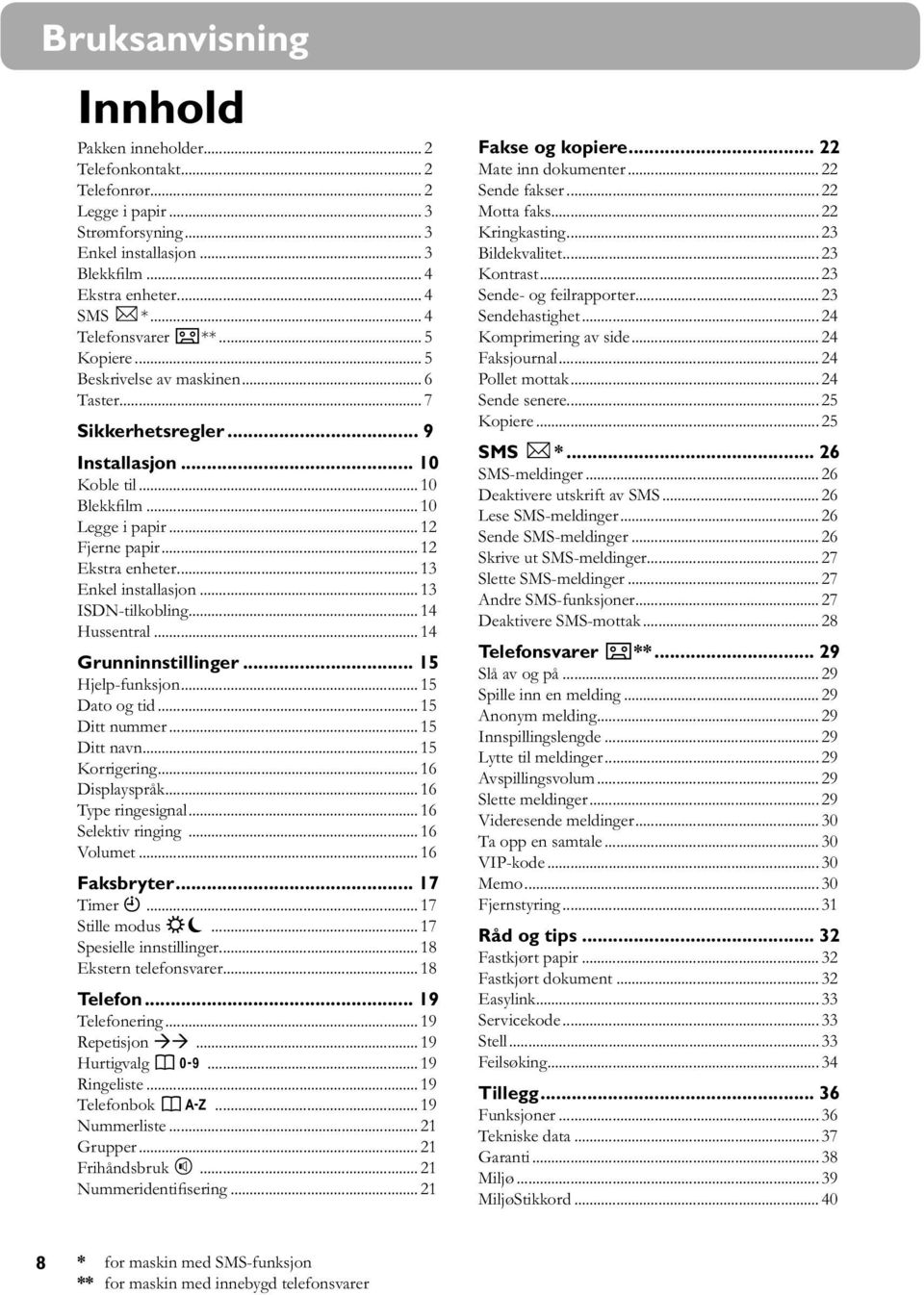 .. 13 Enkel installasjon... 13 ISDN-tilkobling... 14 Hussentral... 14 Grunninn stillinger... 15 Hjelp-funksjon... 15 Dato og tid... 15 Ditt nummer... 15 Ditt navn... 15 Korrigering... 16 Displayspråk.