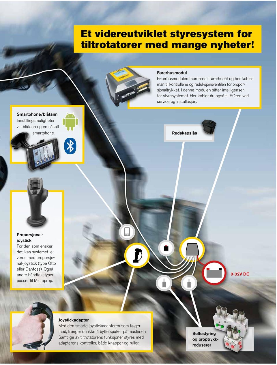 Redskapslås Proporsjonaljoystick For den som ønsker det, kan systemet leveres med proporsjonal-joystick (type Otto eller Danfoss). Også andre håndtakstyper passer til Microprop.